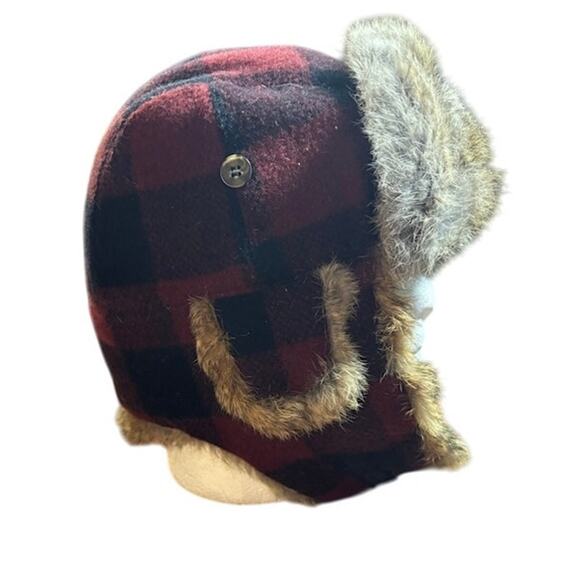 Mad Bomber trapper hat red black buffalo plaid rabbit fur lined cap sz med wool - Picture 1 of 5